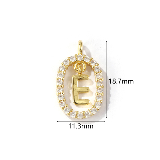 Immagine di 1 Pz Ottone Micro Intarsio Ciondoli Ovale Placcato Oro 18K Lettera Maiuscola Lettere " E " Filigrana Trasparente Cubic Zirconiae 18.7mm x 11.3mm