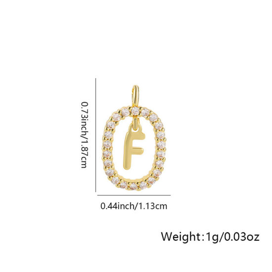 1 個 真鍮 マイクロインレイシリーズ チャーム 楕円形 18Kゴールドメッキ キャピタルレター 文字「 F」 透かし クリアジルコン 18.7mmx 11.3mm、 の画像