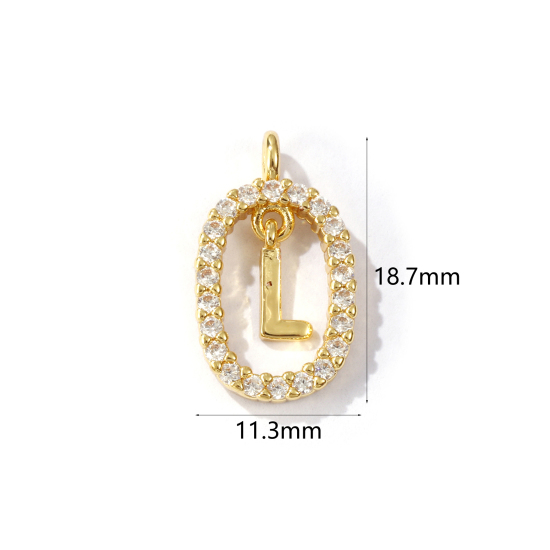Immagine di 1 Pz Ottone Micro Intarsio Ciondoli Ovale Placcato Oro 18K Lettera Maiuscola Lettere " K " Filigrana Trasparente Cubic Zirconiae 18.7mm x 11.3mm