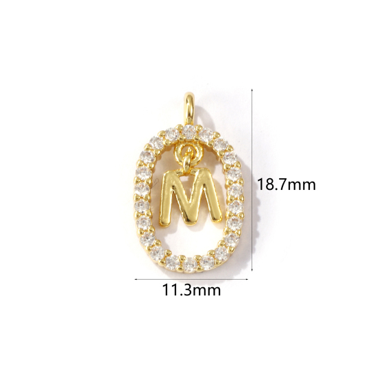 Immagine di 1 Pz Ottone Micro Intarsio Ciondoli Ovale Placcato Oro 18K Lettera Maiuscola Lettere " M " Filigrana Trasparente Cubic Zirconiae 18.7mm x 11.3mm