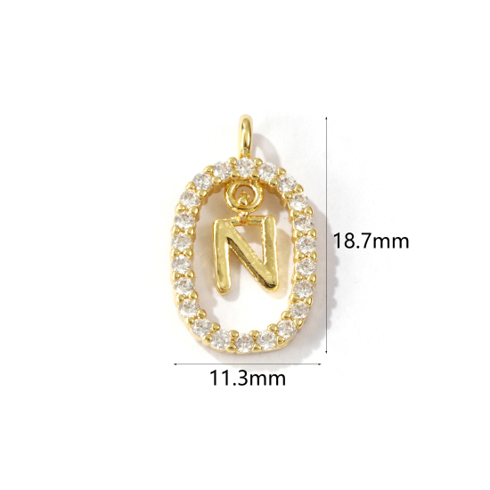 Immagine di 1 Pz Ottone Micro Intarsio Ciondoli Ovale Placcato Oro 18K Lettera Maiuscola Lettere " N " Filigrana Trasparente Cubic Zirconiae 18.7mm x 11.3mm
