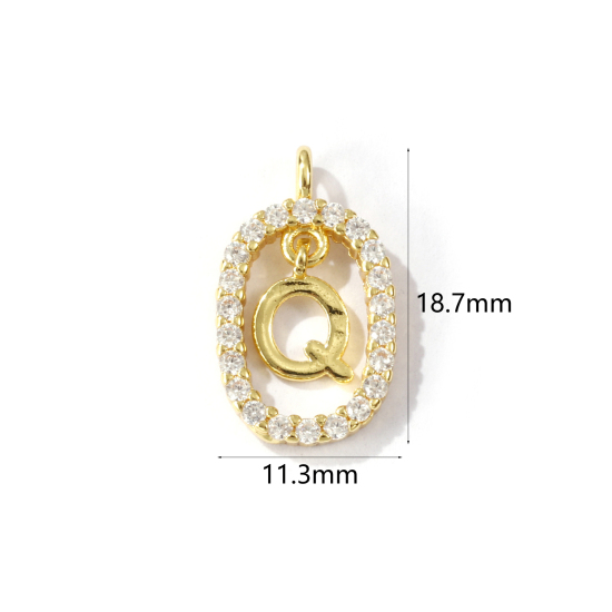 Immagine di 1 Pz Ottone Micro Intarsio Ciondoli Ovale Placcato Oro 18K Lettera Maiuscola Lettere " Q " Filigrana Trasparente Cubic Zirconiae 18.7mm x 11.3mm