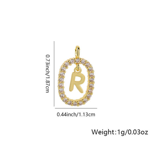 1 個 真鍮 マイクロインレイシリーズ チャーム 楕円形 18Kゴールドメッキ キャピタルレター 文字「 R」 透かし クリアジルコン 18.7mmx 11.3mm、 の画像