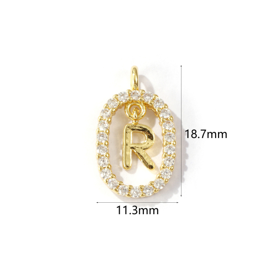 Immagine di 1 Pz Ottone Micro Intarsio Ciondoli Ovale Placcato Oro 18K Lettera Maiuscola Lettere " R " Filigrana Trasparente Cubic Zirconiae 18.7mm x 11.3mm