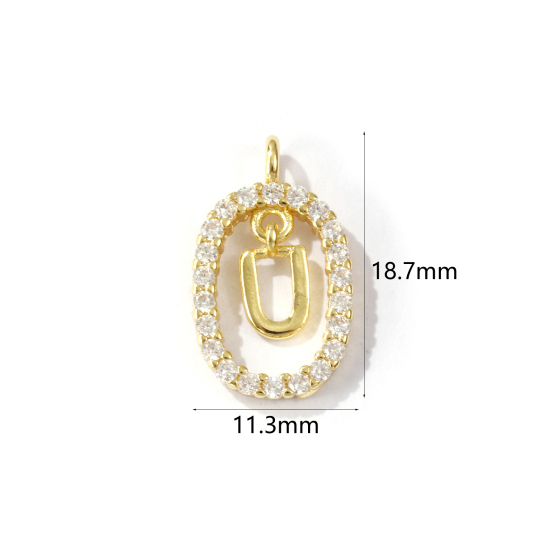Immagine di 1 Pz Ottone Micro Intarsio Ciondoli Ovale Placcato Oro 18K Lettera Maiuscola Lettere " U " Filigrana Trasparente Cubic Zirconiae 18.7mm x 11.3mm