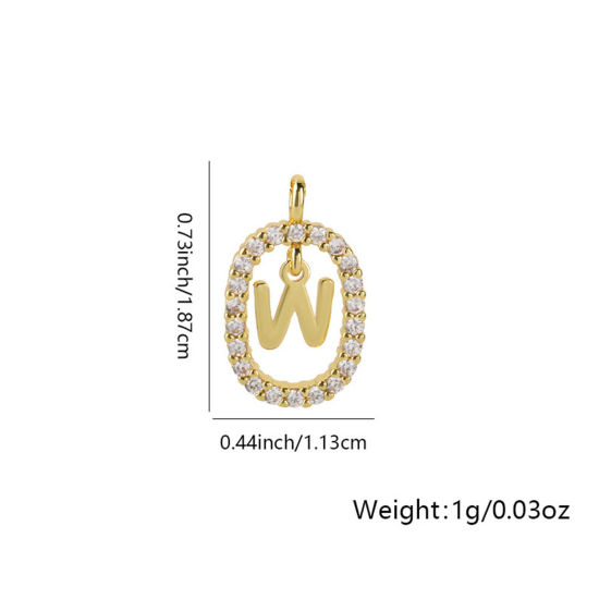 1 個 真鍮 マイクロインレイシリーズ チャーム 楕円形 18Kゴールドメッキ キャピタルレター 文字「 W」 透かし クリアジルコン 18.7mmx 11.3mm、 の画像