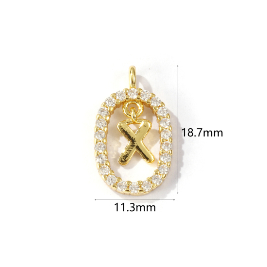 Immagine di 1 Pz Ottone Micro Intarsio Ciondoli Ovale Placcato Oro 18K Lettera Maiuscola Lettere " X " Filigrana Trasparente Cubic Zirconiae 18.7mm x 11.3mm