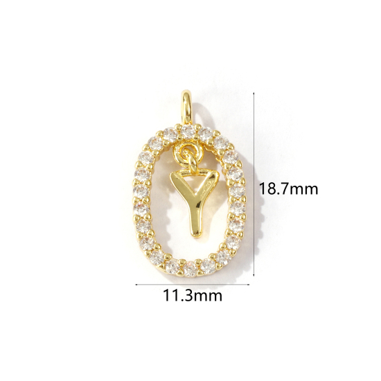 Immagine di 1 Pz Ottone Micro Intarsio Ciondoli Ovale Placcato Oro 18K Lettera Maiuscola Lettere " Y " Filigrana Trasparente Cubic Zirconiae 18.7mm x 11.3mm