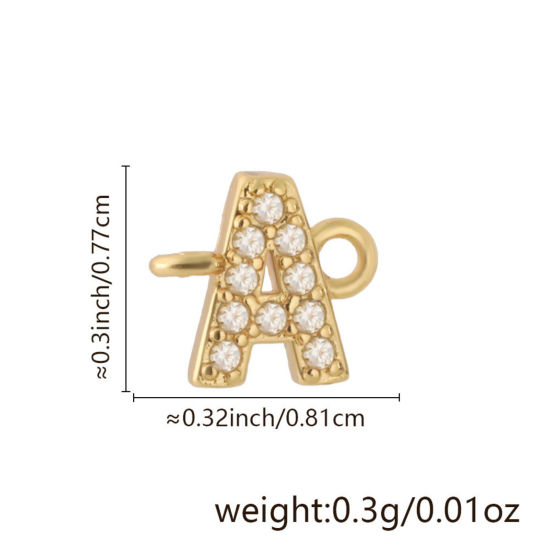 Imagen de 2 Unidades Latón Micro Pave Conectores Dijes Colgantes Letra Mayúscula Chapado en Oro de 18K Claro Circón Artificial Mensaje " A " 8.1mm x 7.7mm