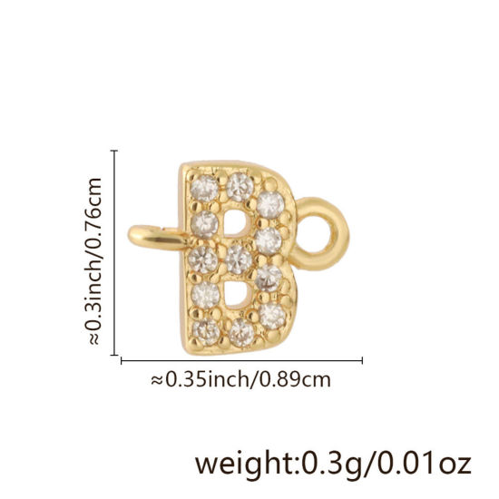 Imagen de 2 Unidades Latón Micro Pave Conectores Dijes Colgantes Letra Mayúscula Chapado en Oro de 18K Claro Circón Artificial Mensaje " B " 8.9mm x 7.6mm