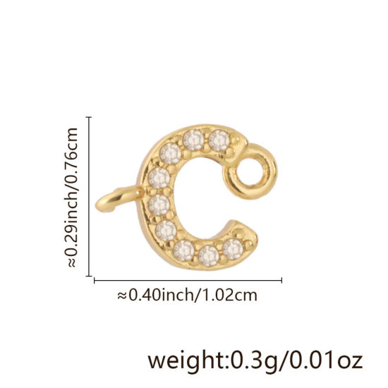 Imagen de 2 Unidades Latón Micro Pave Conectores Dijes Colgantes Letra Mayúscula Chapado en Oro de 18K Claro Circón Artificial Mensaje " C " 10.2mm x 7.6mm