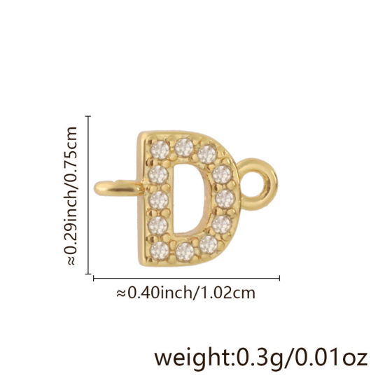 Imagen de 2 Unidades Latón Micro Pave Conectores Dijes Colgantes Letra Mayúscula Chapado en Oro de 18K Claro Circón Artificial Mensaje " D " 10.2mm x 7.5mm