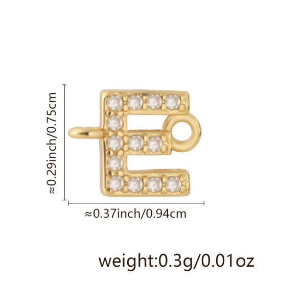 Imagen de 2 Unidades Latón Micro Pave Conectores Dijes Colgantes Letra Mayúscula Chapado en Oro de 18K Claro Circón Artificial Mensaje " E " 9.4mm x 7.5mm