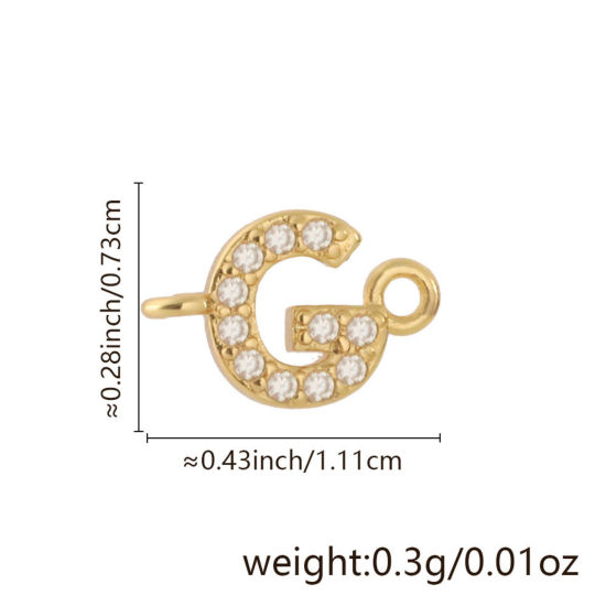 Imagen de 2 Unidades Latón Micro Pave Conectores Dijes Colgantes Letra Mayúscula Chapado en Oro de 18K Claro Circón Artificial Mensaje " G " 11.1mm x 7.3mm