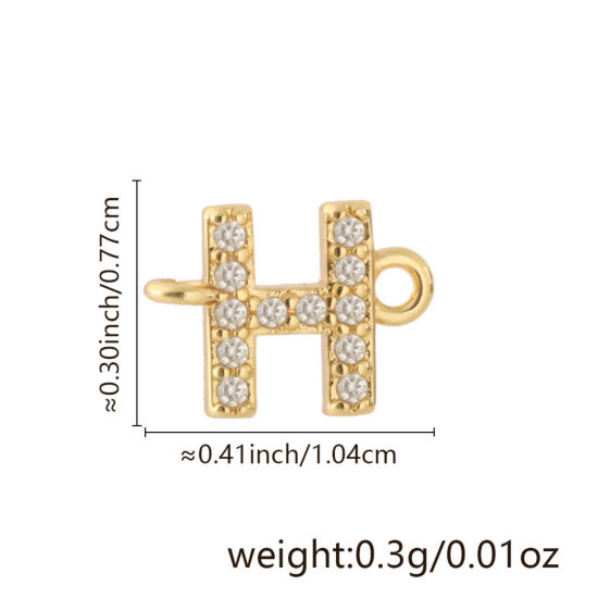 Imagen de 2 Unidades Latón Micro Pave Conectores Dijes Colgantes Letra Mayúscula Chapado en Oro de 18K Claro Circón Artificial Mensaje " H " 10.4mm x 7.7mm