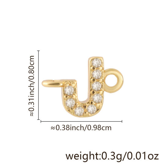 Imagen de 2 Unidades Latón Micro Pave Conectores Dijes Colgantes Letra Mayúscula Chapado en Oro de 18K Claro Circón Artificial Mensaje " J " 9.8mm x 8mm