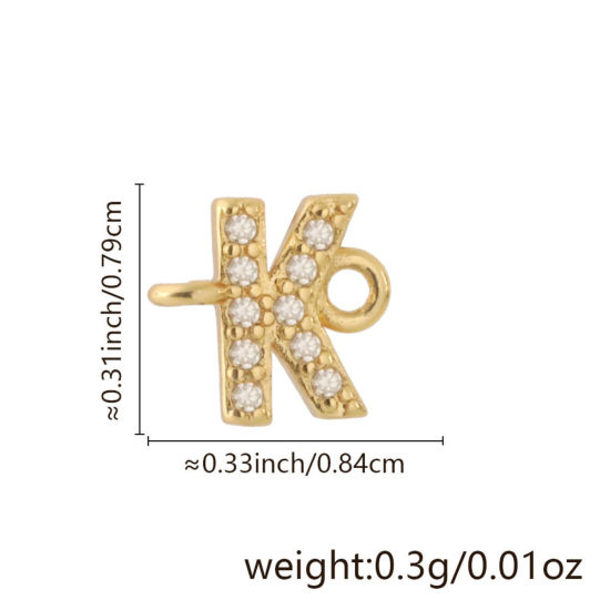 Imagen de 2 Unidades Latón Micro Pave Conectores Dijes Colgantes Letra Mayúscula Chapado en Oro de 18K Claro Circón Artificial Mensaje " K " 8.4mm x 7.9mm