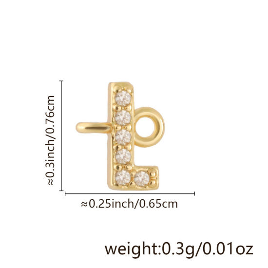 Imagen de 2 Unidades Latón Micro Pave Conectores Dijes Colgantes Letra Mayúscula Chapado en Oro de 18K Claro Circón Artificial Mensaje " L " 7.6mm x 6.5mm