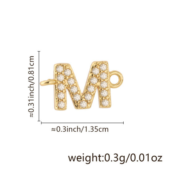 Imagen de 2 Unidades Latón Micro Pave Conectores Dijes Colgantes Letra Mayúscula Chapado en Oro de 18K Claro Circón Artificial Mensaje " M " 13.5mm x 8.1mm