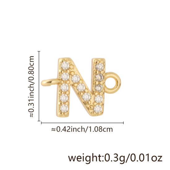 Imagen de 2 Unidades Latón Micro Pave Conectores Dijes Colgantes Letra Mayúscula Chapado en Oro de 18K Claro Circón Artificial Mensaje " N " 10.8mm x 8mm