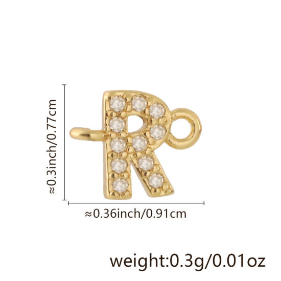 Imagen de 2 Unidades Latón Micro Pave Conectores Dijes Colgantes Letra Mayúscula Chapado en Oro de 18K Claro Circón Artificial Mensaje " R " 9.1mm x 7.7mm