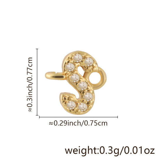 Imagen de 2 Unidades Latón Micro Pave Conectores Dijes Colgantes Letra Mayúscula Chapado en Oro de 18K Claro Circón Artificial Mensaje " S " 7.7mm x 7.5mm