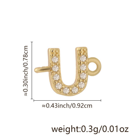 Imagen de 2 Unidades Latón Micro Pave Conectores Dijes Colgantes Letra Mayúscula Chapado en Oro de 18K Claro Circón Artificial Mensaje " U " 9.2mm x 7.8mm