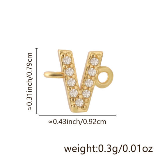 Imagen de 2 Unidades Latón Micro Pave Conectores Dijes Colgantes Letra Mayúscula Chapado en Oro de 18K Claro Circón Artificial Mensaje " V " 9.2mm x 7.9mm