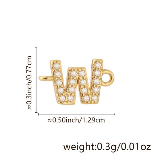 Imagen de 2 Unidades Latón Micro Pave Conectores Dijes Colgantes Letra Mayúscula Chapado en Oro de 18K Claro Circón Artificial Mensaje " W " 12.9mm x 7.7mm