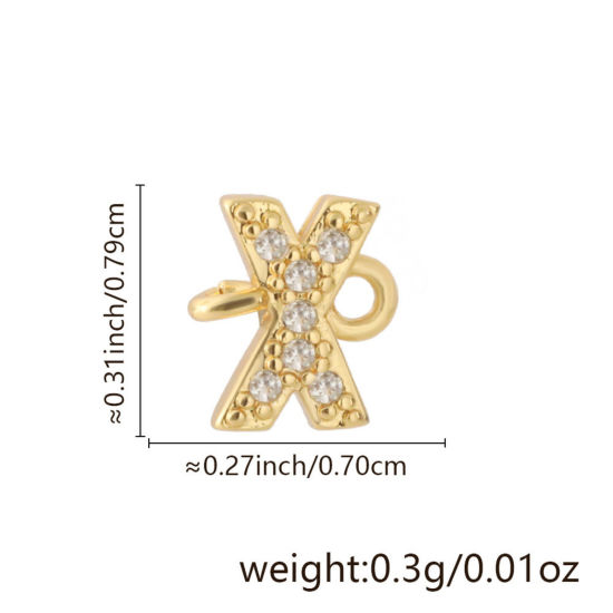 Imagen de 2 Unidades Latón Micro Pave Conectores Dijes Colgantes Letra Mayúscula Chapado en Oro de 18K Claro Circón Artificial Mensaje " X " 7.9mm x 7mm