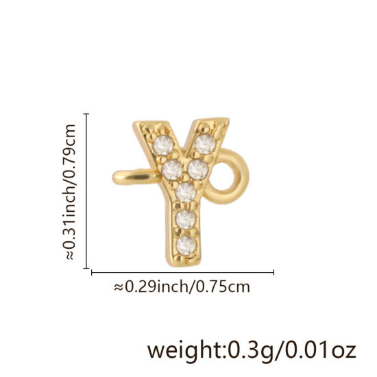 Imagen de 2 Unidades Latón Micro Pave Conectores Dijes Colgantes Letra Mayúscula Chapado en Oro de 18K Claro Circón Artificial Mensaje " Y " 7.9mm x 7.5mm