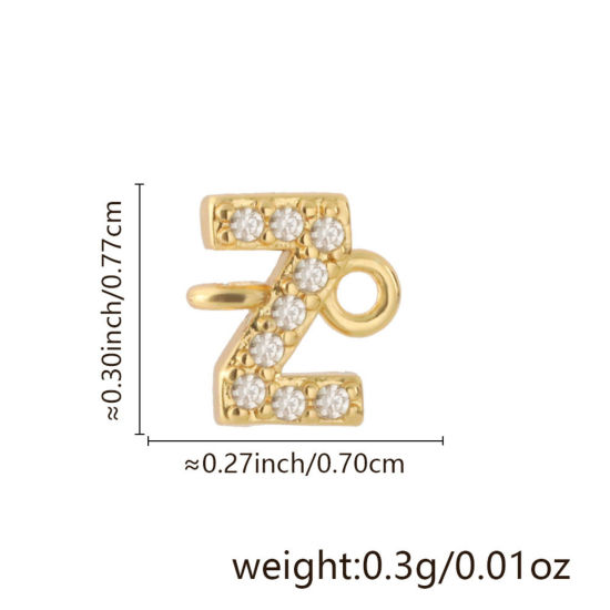 Imagen de 2 Unidades Latón Micro Pave Conectores Dijes Colgantes Letra Mayúscula Chapado en Oro de 18K Claro Circón Artificial Mensaje " Z " 7.7mm x 7mm