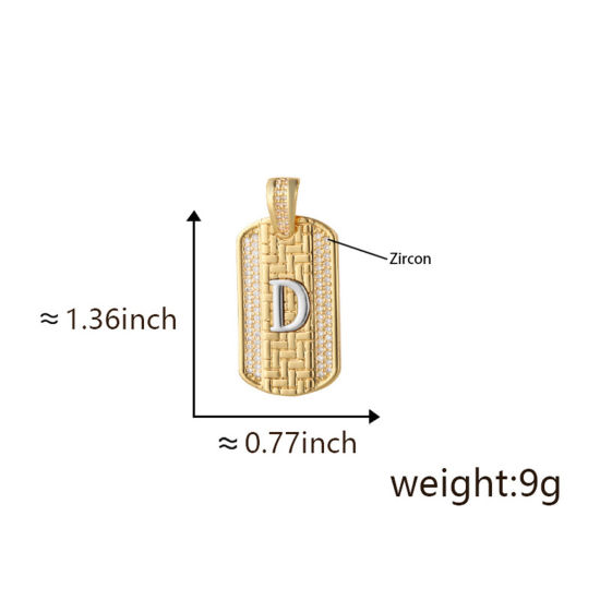 Bild von 1 Piece Brass Micro Pave Pendants 18K Gold Plated & Platinum Plated Two Tone Rectangle Capital Alphabet Initial Letter Message " D " Clear Cubic Zirconia 3.5cm x 2cm