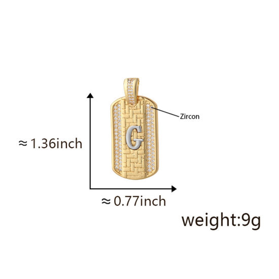 Bild von 1 Piece Brass Micro Pave Pendants 18K Gold Plated & Platinum Plated Two Tone Rectangle Capital Alphabet Initial Letter Message " G " Clear Cubic Zirconia 3.5cm x 2cm