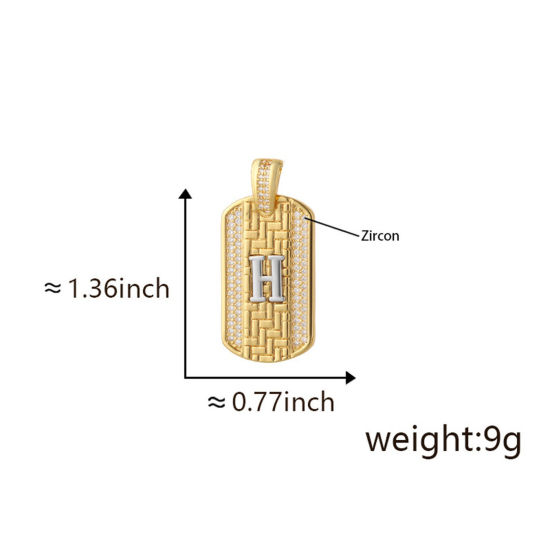 Bild von 1 Piece Brass Micro Pave Pendants 18K Gold Plated & Platinum Plated Two Tone Rectangle Capital Alphabet Initial Letter Message " H " Clear Cubic Zirconia 3.5cm x 2cm