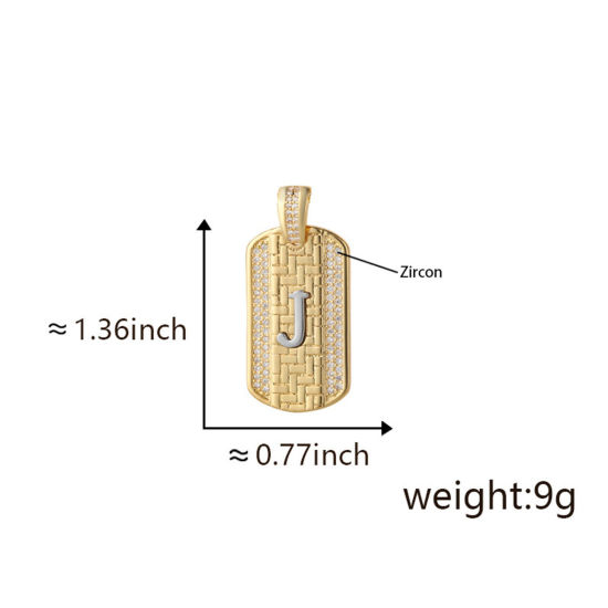 Bild von 1 Piece Brass Micro Pave Pendants 18K Gold Plated & Platinum Plated Two Tone Rectangle Capital Alphabet Initial Letter Message " J " Clear Cubic Zirconia 3.5cm x 2cm