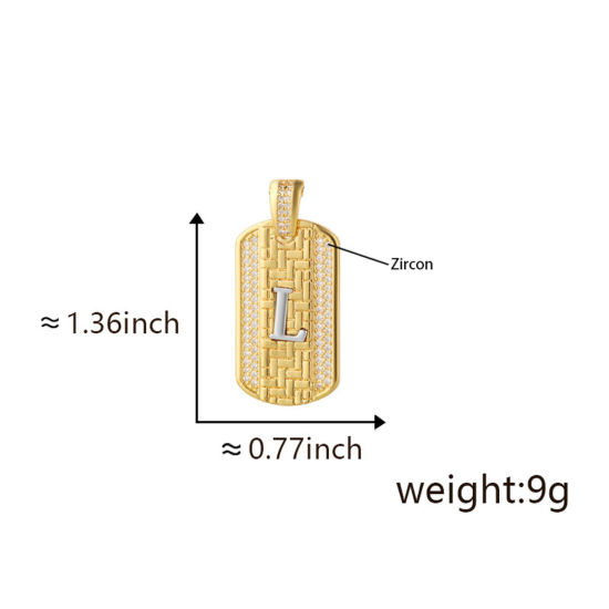 Bild von 1 Piece Brass Micro Pave Pendants 18K Gold Plated & Platinum Plated Two Tone Rectangle Capital Alphabet Initial Letter Message " L " Clear Cubic Zirconia 3.5cm x 2cm