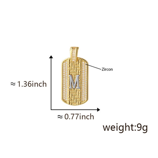 Bild von 1 Piece Brass Micro Pave Pendants 18K Gold Plated & Platinum Plated Two Tone Rectangle Capital Alphabet Initial Letter Message " M " Clear Cubic Zirconia 3.5cm x 2cm