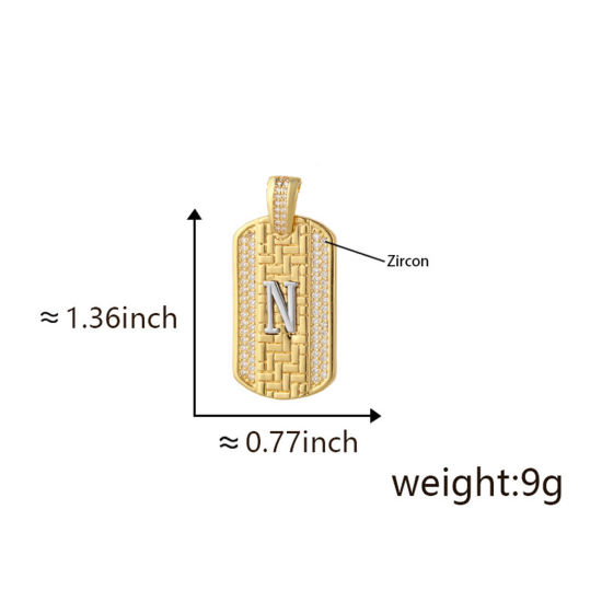 Bild von 1 Piece Brass Micro Pave Pendants 18K Gold Plated & Platinum Plated Two Tone Rectangle Capital Alphabet Initial Letter Message " N " Clear Cubic Zirconia 3.5cm x 2cm