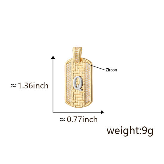 Bild von 1 Piece Brass Micro Pave Pendants 18K Gold Plated & Platinum Plated Two Tone Rectangle Capital Alphabet Initial Letter Message " Q " Clear Cubic Zirconia 3.5cm x 2cm