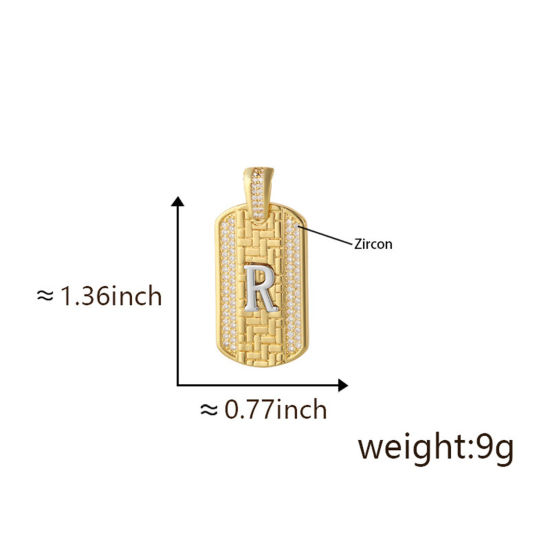 Bild von 1 Piece Brass Micro Pave Pendants 18K Gold Plated & Platinum Plated Two Tone Rectangle Capital Alphabet Initial Letter Message " R " Clear Cubic Zirconia 3.5cm x 2cm