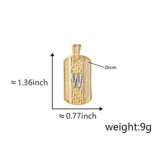 Bild von 1 Piece Brass Micro Pave Pendants 18K Gold Plated & Platinum Plated Two Tone Rectangle Capital Alphabet Initial Letter Message " W " Clear Cubic Zirconia 3.5cm x 2cm