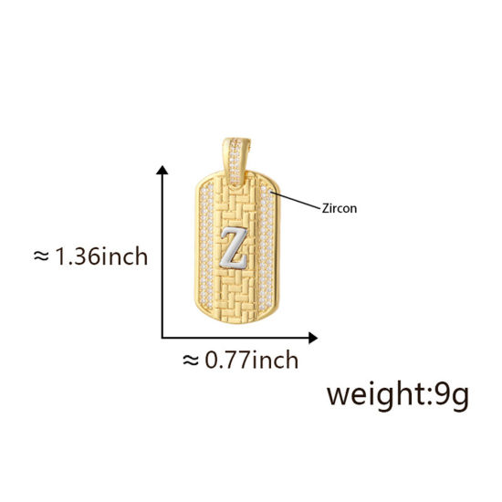 Bild von 1 Piece Brass Micro Pave Pendants 18K Gold Plated & Platinum Plated Two Tone Rectangle Capital Alphabet Initial Letter Message " Z " Clear Cubic Zirconia 3.5cm x 2cm