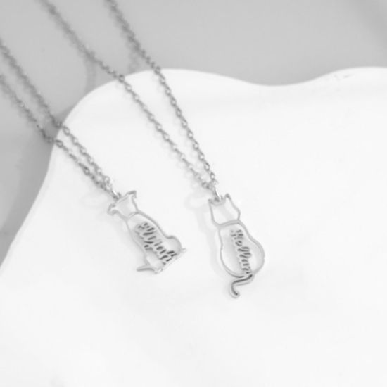 Imagen de 1 Unidad 304 Acero Inoxidable Collar con Nombre Personalizado Colgante con Letra Personalizada Gato Tono de Plata 45cm longitud