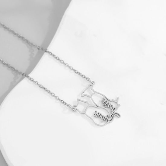 Imagen de 1 Unidad 304 Acero Inoxidable Collar con Nombre Personalizado Colgante con Letra Personalizada Gato Tono de Plata 45cm longitud