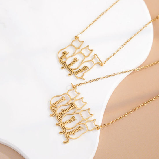Imagen de 1 Unidad 304 Acero Inoxidable Collar con Nombre Personalizado Colgante con Letra Personalizada Gato Chapado en Oro 45cm longitud