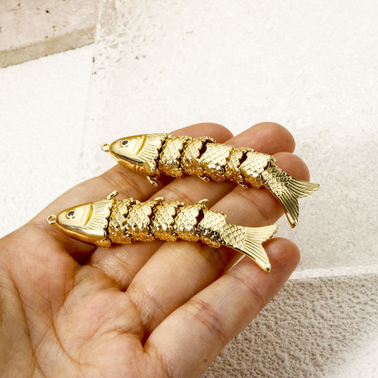 Изображение 1 Piece Eco-friendly Brass Ocean Jewelry Pendants 18K Real Gold Plated Fish Animal Movable 3D 6.3cm x 1.6cm