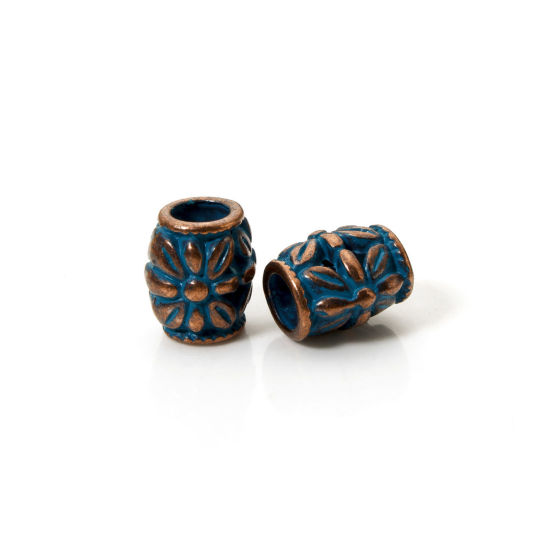 Picture of 20 PCs Zinc Based Alloy Patina Spacer Beads For DIY Jewelry Making Antique Copper Blue Drum Flower About 11mm x 10mm, Hole: Approx 4.5mm