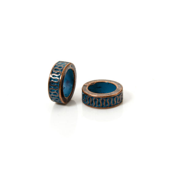 Picture of 20 PCs Zinc Based Alloy Patina Spacer Beads For DIY Jewelry Making Antique Copper Blue Round Wave About 11mm Dia., Hole: Approx 7mm