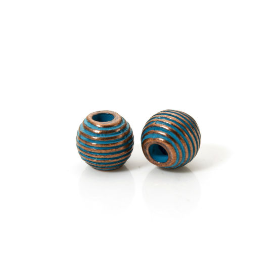 Picture of 20 PCs Zinc Based Alloy Patina Spacer Beads For DIY Jewelry Making Antique Copper Blue Drum Stripe About 9.5mm x 8.5mm, Hole: Approx 3.2mm